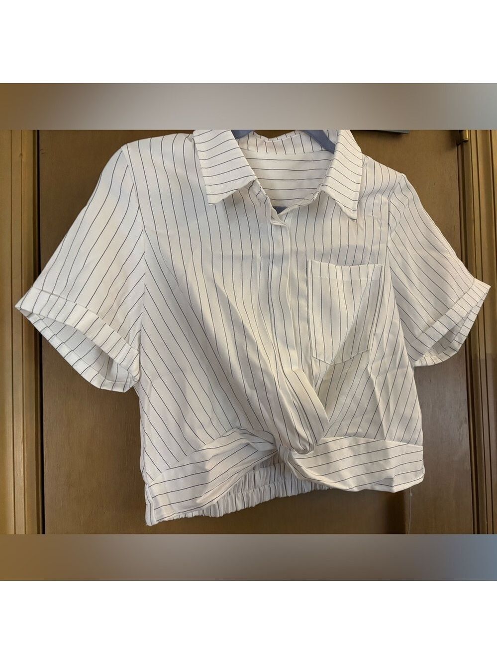 Cupshe White Pinstripe Short-Sleeve Twist-Front Shirt - Picture 3 of 8